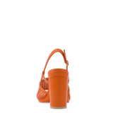 orange, open toe mule sandal with mesh detail and adjustable strap with a block heel