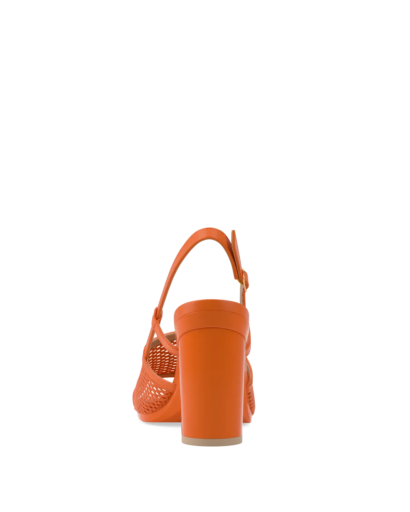 orange, open toe mule sandal with mesh detail and adjustable strap with a block heel