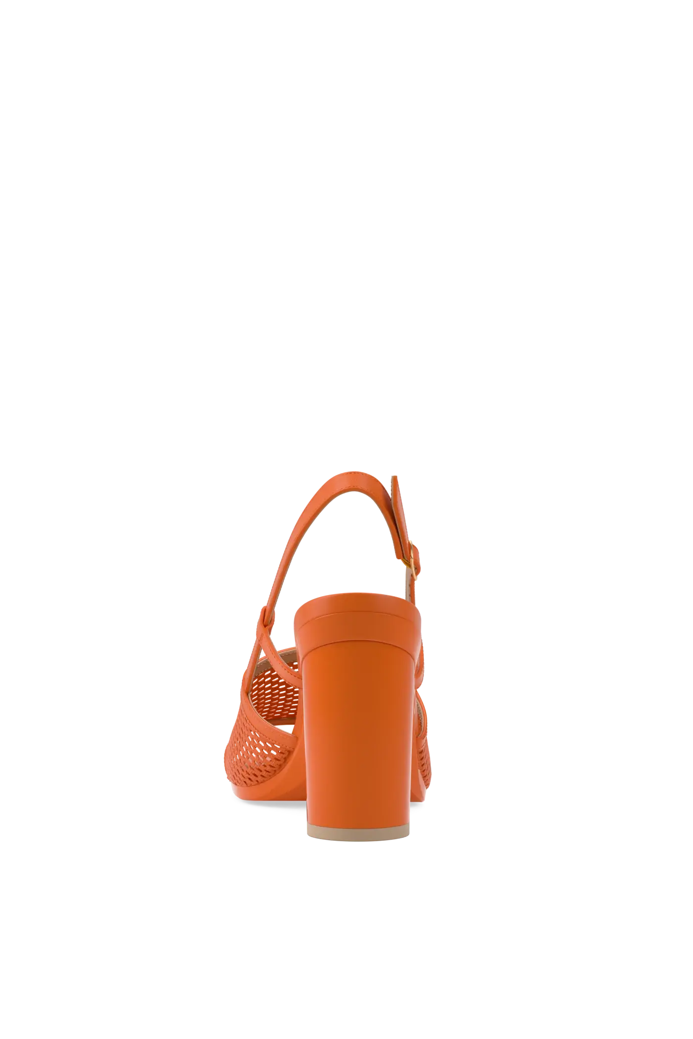 orange, open toe mule sandal with mesh detail and adjustable strap with a block heel