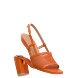 orange, open toe mule sandal with mesh detail and adjustable strap with a block heel