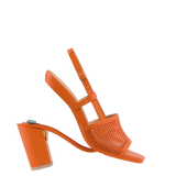 orange, open toe mule sandal with mesh detail and adjustable strap with a block heel
