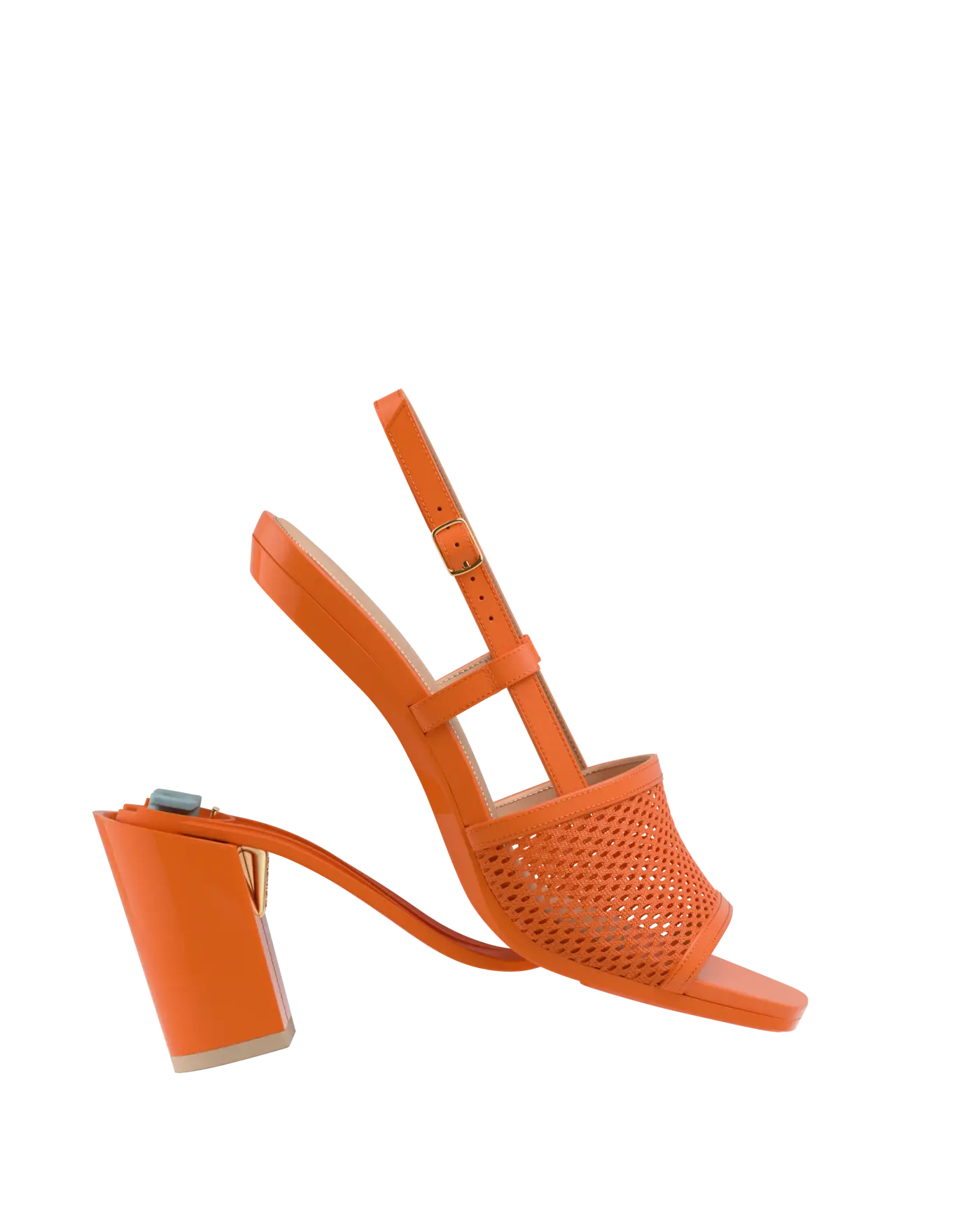 orange, open toe mule sandal with mesh detail and adjustable strap with a block heel