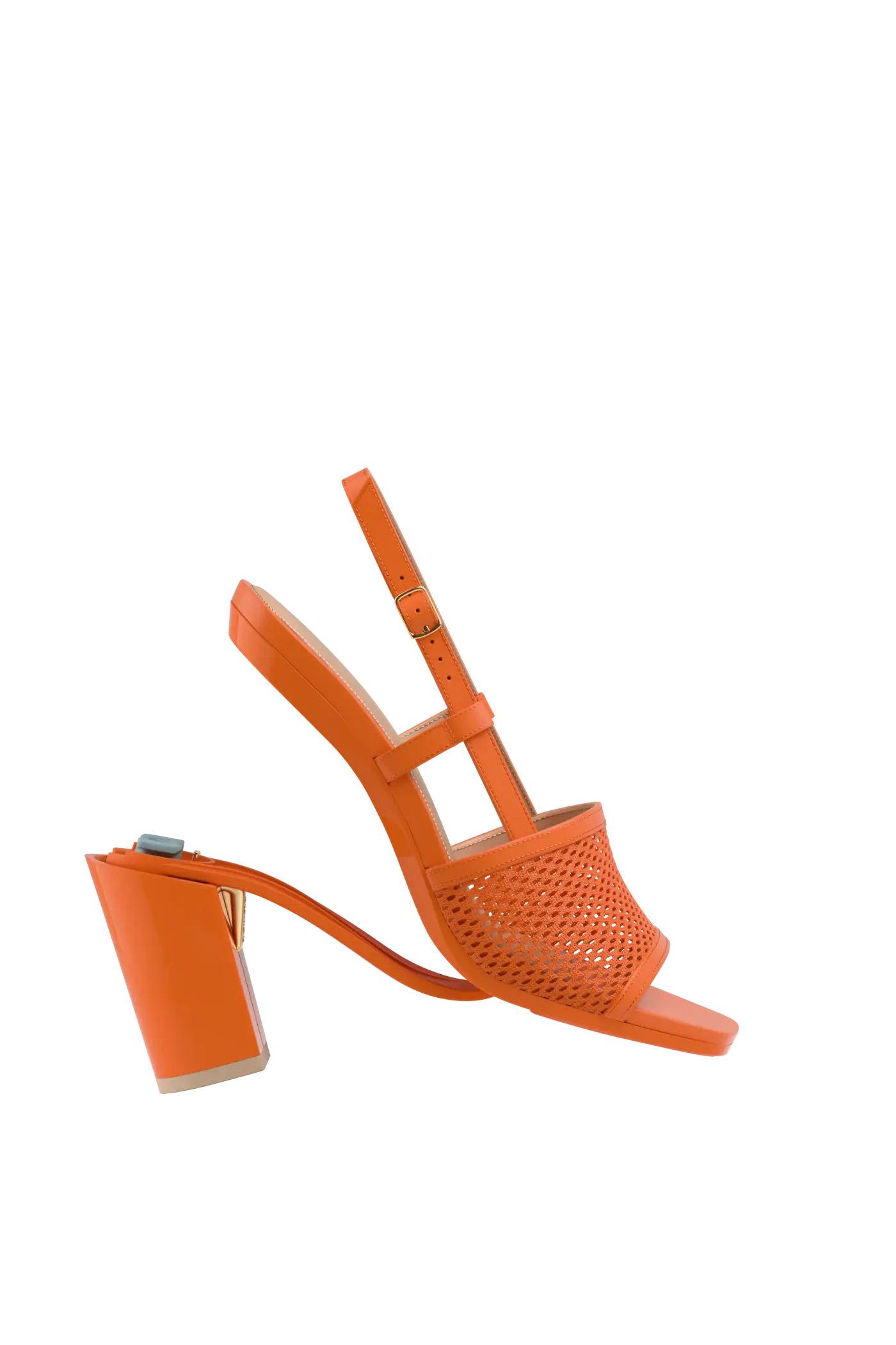 orange, open toe mule sandal with mesh detail and adjustable strap with a block heel