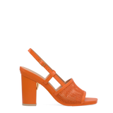 orange, open toe mule sandal with mesh detail and adjustable strap with a block heel