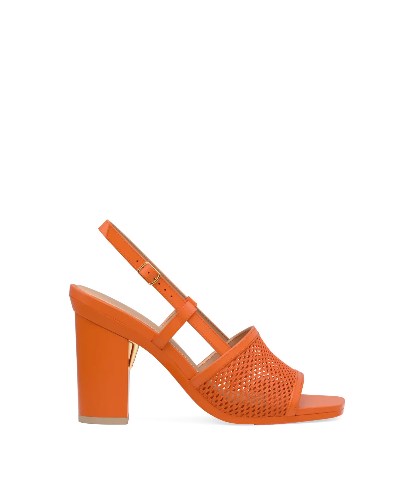orange, open toe mule sandal with mesh detail and adjustable strap with a block heel