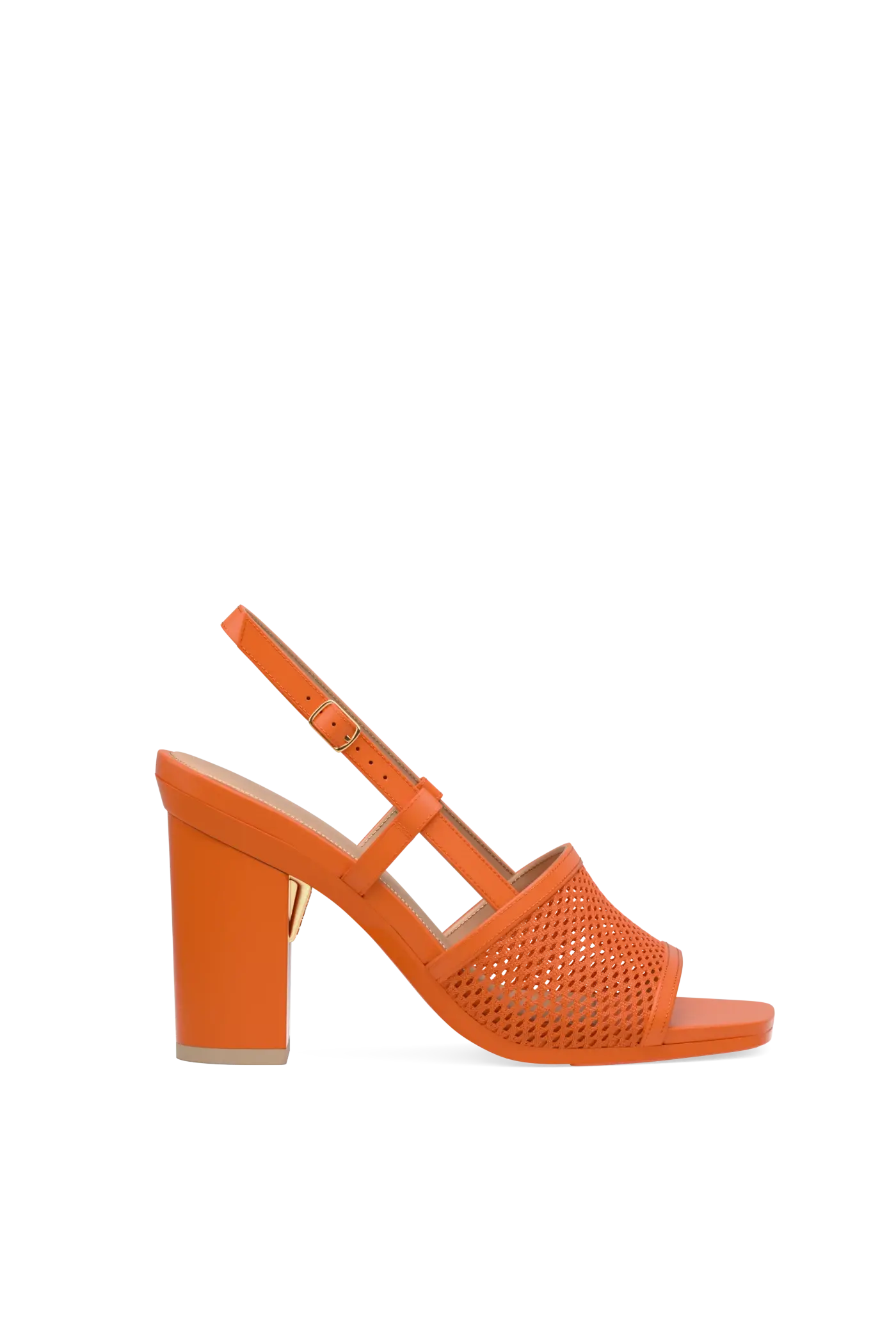 orange, open toe mule sandal with mesh detail and adjustable strap with a block heel