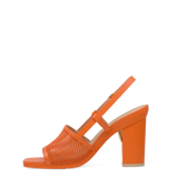 orange, open toe mule sandal with mesh detail and adjustable strap with a block heel