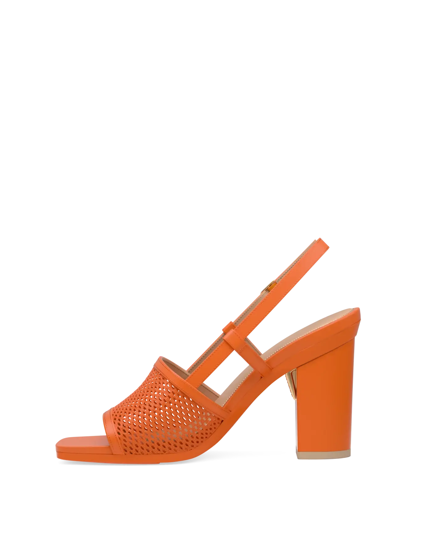 orange, open toe mule sandal with mesh detail and adjustable strap with a block heel