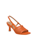 an orange, open toe mule sandal with mesh detail and adjustable strap and kitten flare stiletto heel