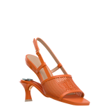 a convertible, orange, open toe mule sandal with mesh detail and adjustable strap and kitten flare stiletto heel