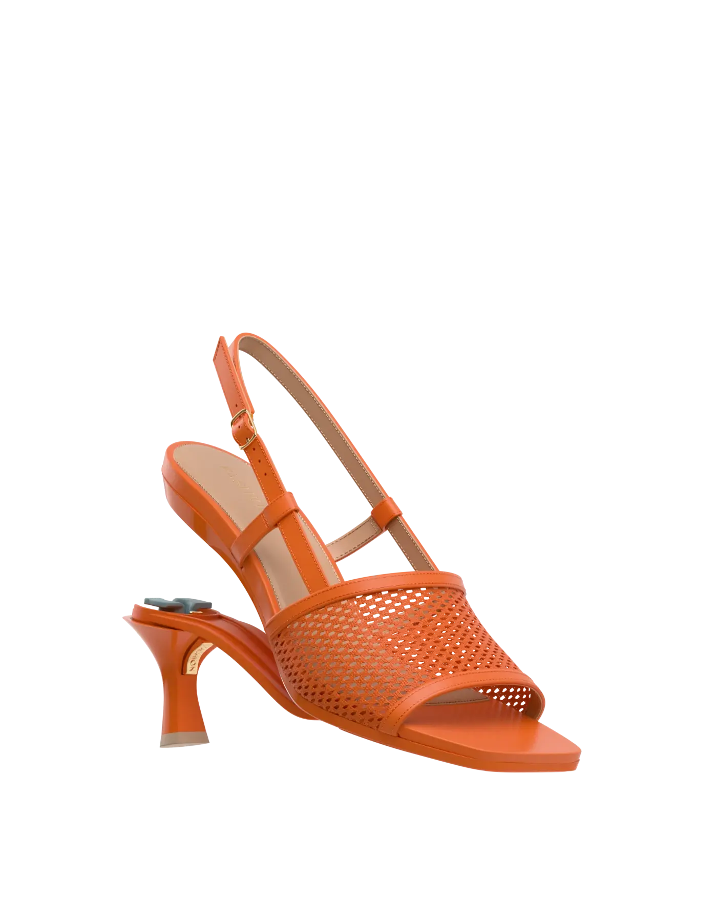 a convertible, orange, open toe mule sandal with mesh detail and adjustable strap and kitten flare stiletto heel