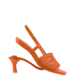 a convertible, orange, open toe mule sandal with mesh detail and adjustable strap and kitten flare stiletto heel