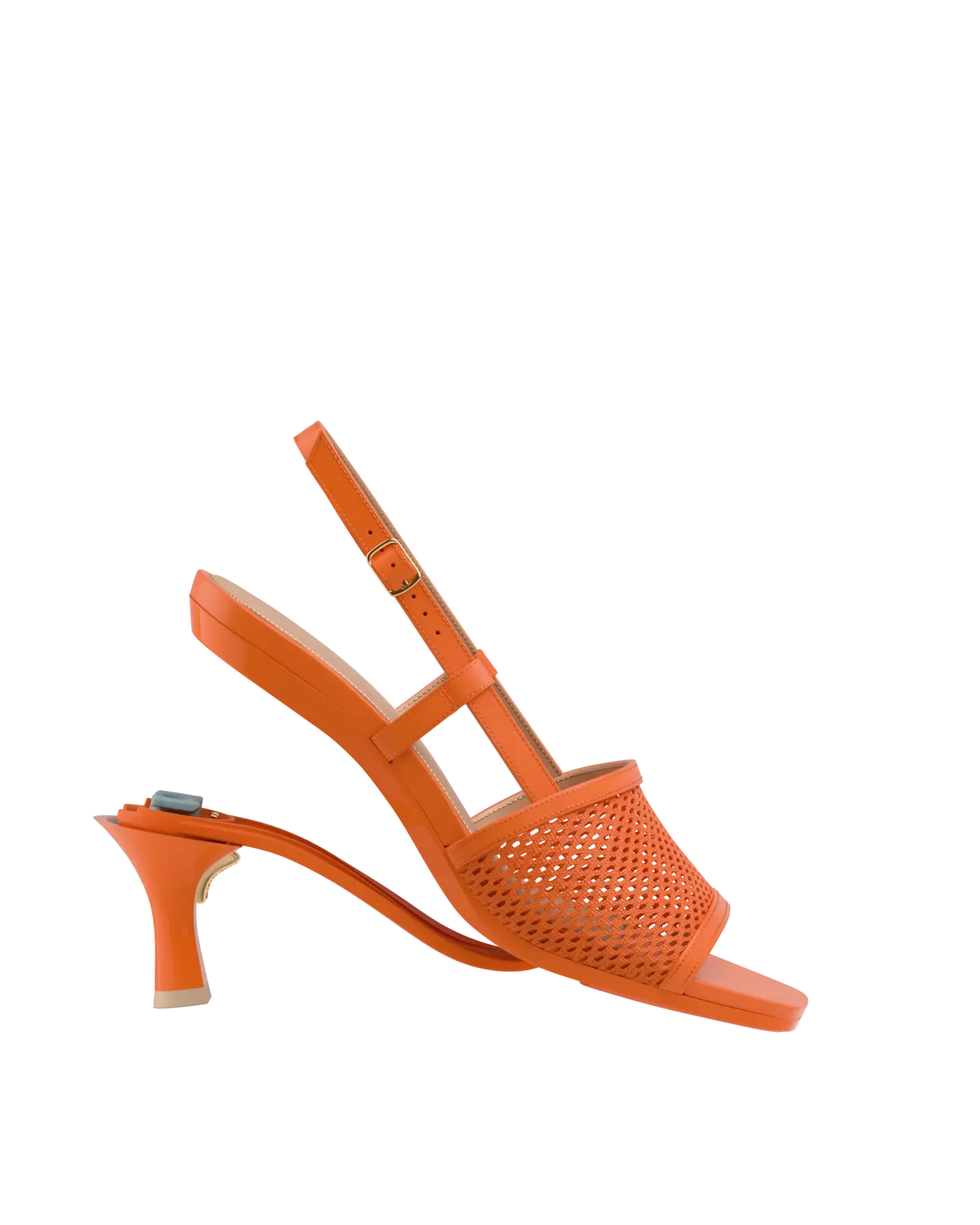 a convertible, orange, open toe mule sandal with mesh detail and adjustable strap and kitten flare stiletto heel