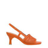 orange open toe mule sandal with mesh detail and adjustable strap and kitten flare stiletto heel