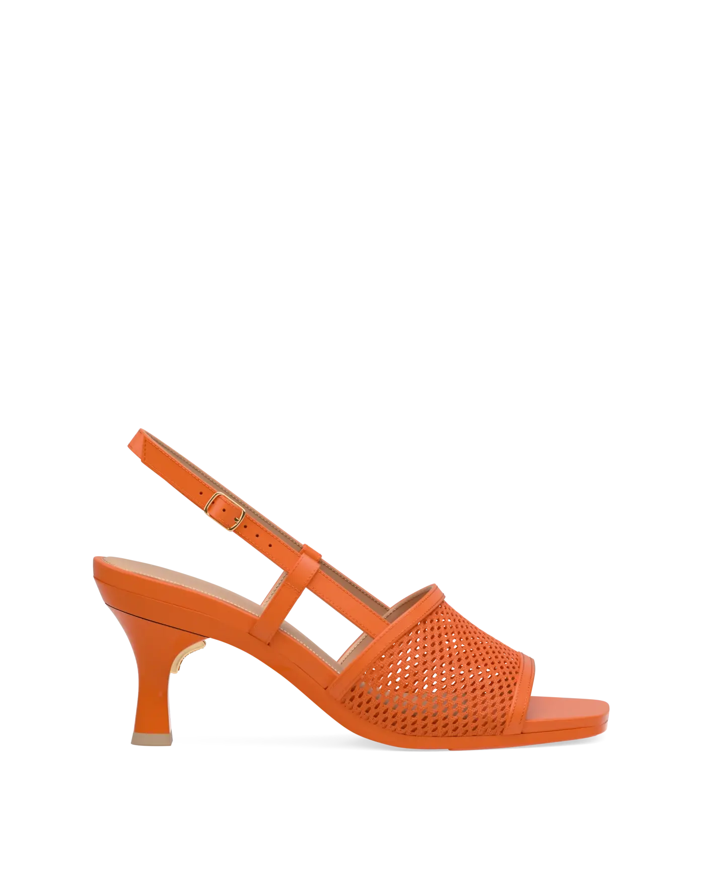 orange open toe mule sandal with mesh detail and adjustable strap and kitten flare stiletto heel
