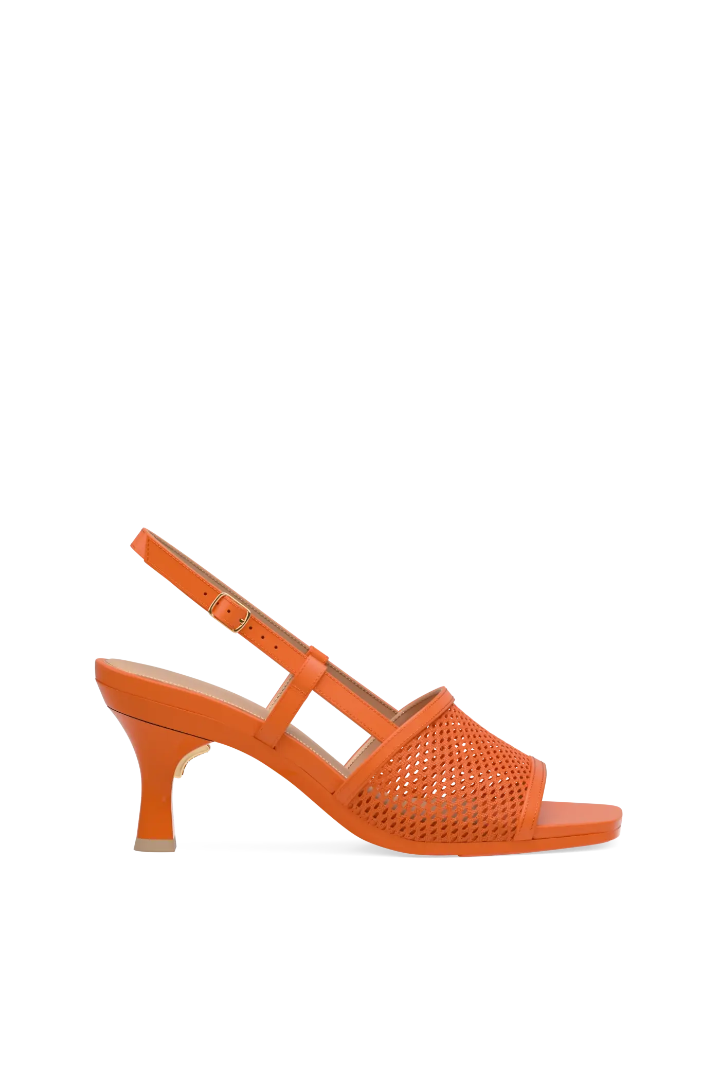 orange open toe mule sandal with mesh detail and adjustable strap and kitten flare stiletto heel