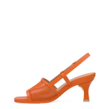 orange open toe mule sandal with mesh detail and adjustable strap and kitten flare stiletto heel