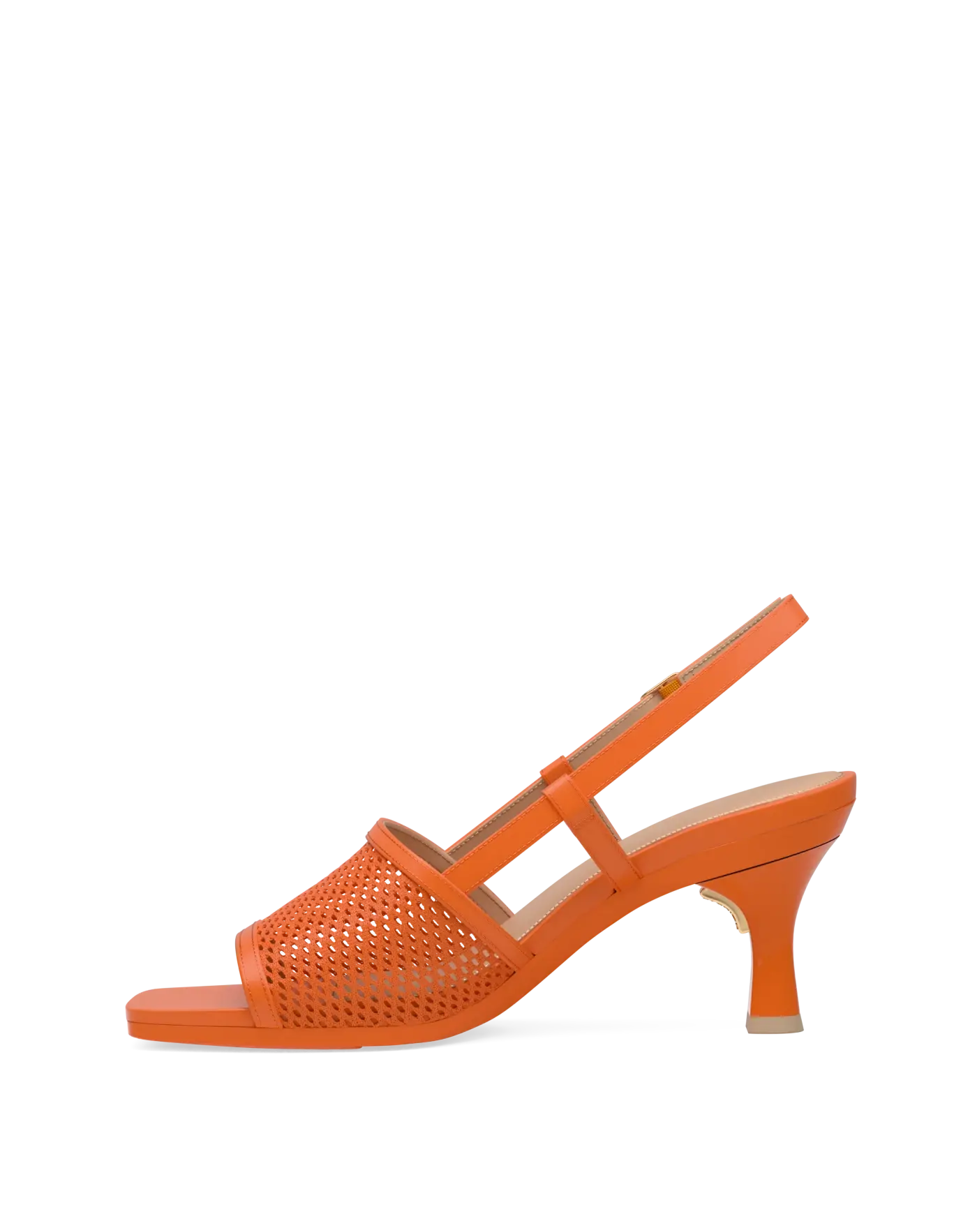 orange open toe mule sandal with mesh detail and adjustable strap and kitten flare stiletto heel