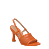 orange, open toe mule sandal with mesh detail and adjustable strap and flare stiletto high heel