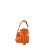 orange, open toe mule sandal with mesh detail and adjustable strap and flare stiletto high heel