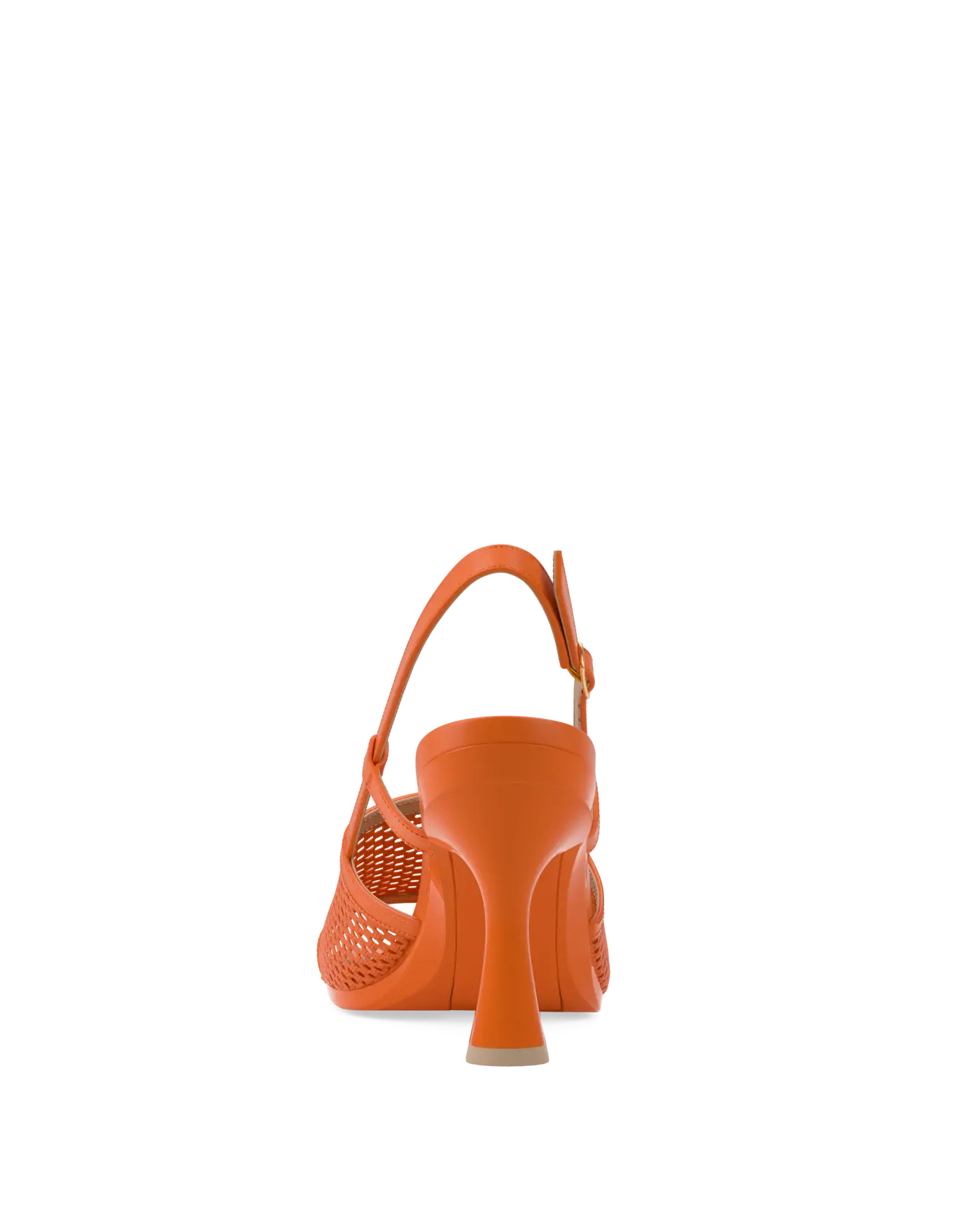 orange, open toe mule sandal with mesh detail and adjustable strap and flare stiletto high heel