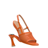 convertible, orange, open toe mule sandal with mesh detail and adjustable strap and flare stiletto high heel