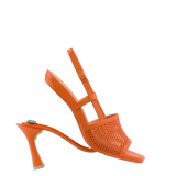 convertible, orange, open toe mule sandal with mesh detail and adjustable strap and flare stiletto high heel
