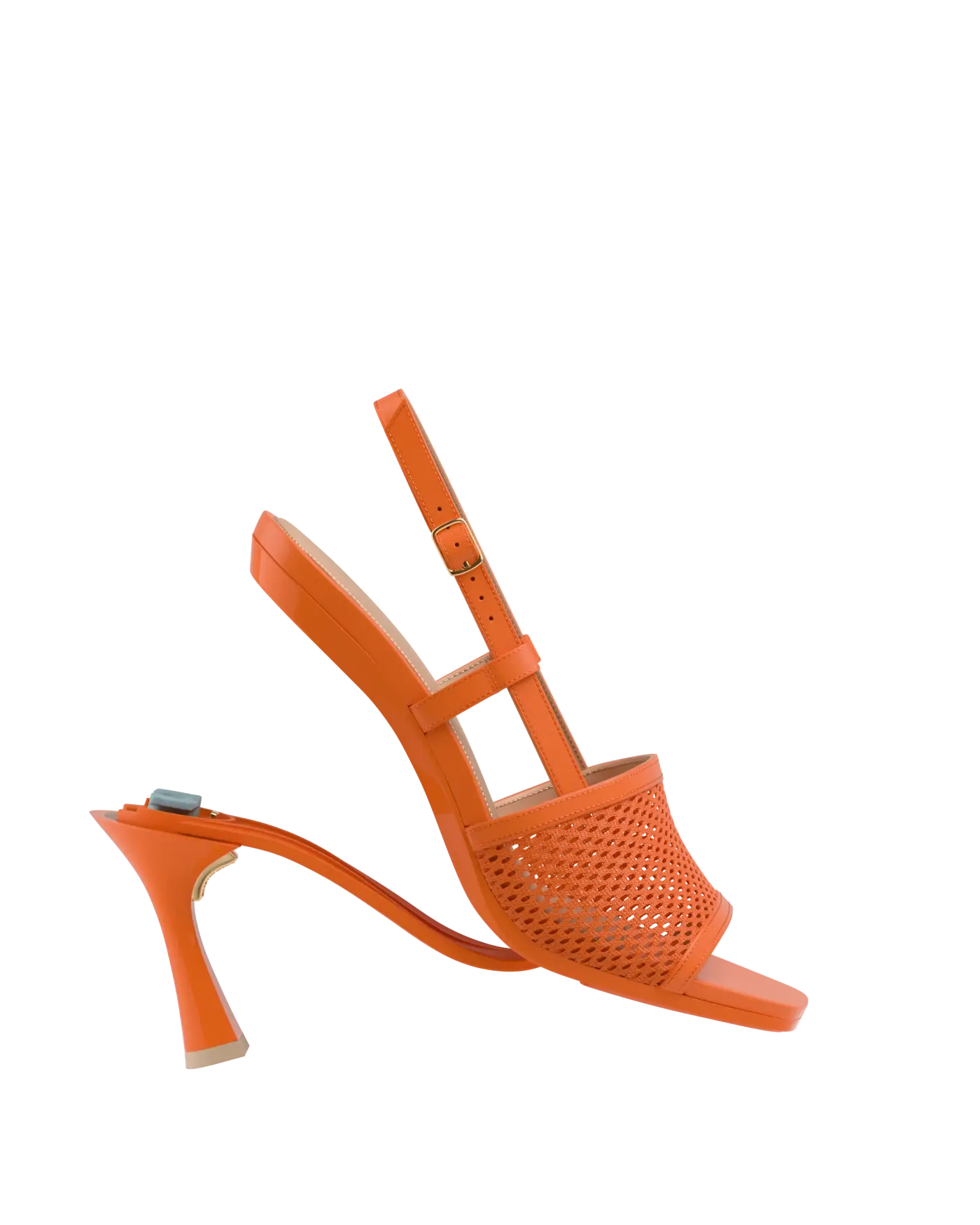 convertible, orange, open toe mule sandal with mesh detail and adjustable strap and flare stiletto high heel