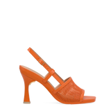 an orange, open toe mule sandal with mesh detail and adjustable strap and flare stiletto high heel