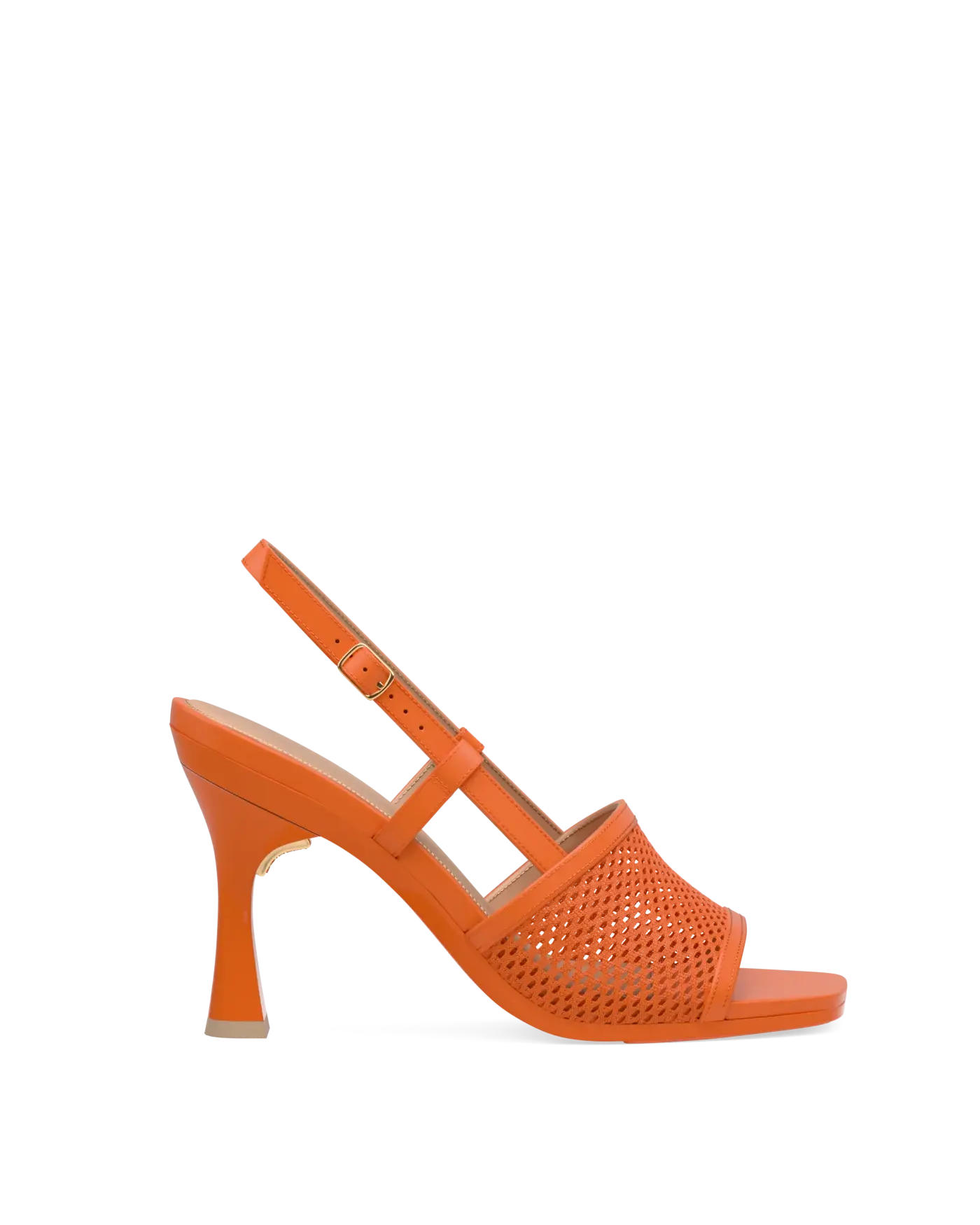 an orange, open toe mule sandal with mesh detail and adjustable strap and flare stiletto high heel