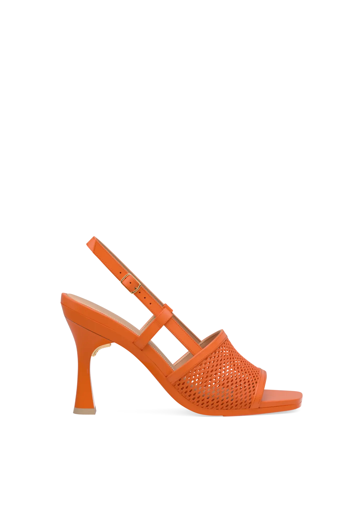 an orange, open toe mule sandal with mesh detail and adjustable strap and flare stiletto high heel