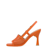 an orange, open toe mule sandal with mesh detail and adjustable strap and flare stiletto high heel