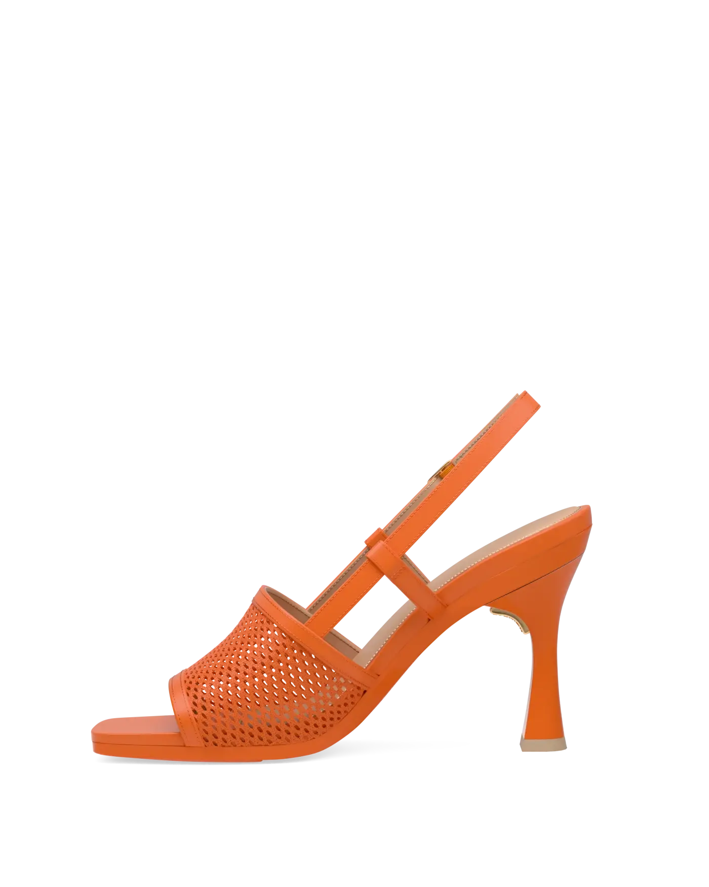 an orange, open toe mule sandal with mesh detail and adjustable strap and flare stiletto high heel