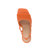orange, open toe mule sandal with mesh detail and adjustable strap with a block heel