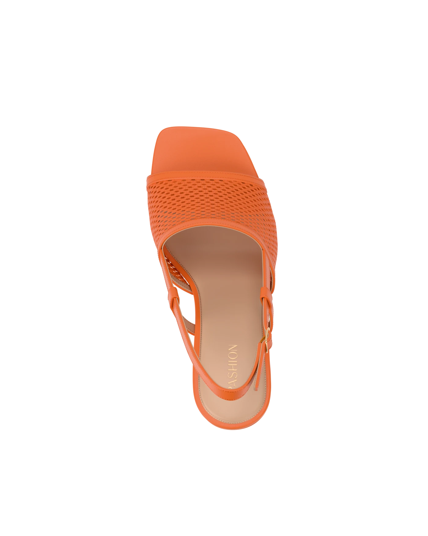 top view of an orange open toe mule sandal with mesh detail and adjustable strap and kitten block heel