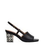 Block Heel Kit 3 Coal Deco Print shown on the Shae Coal Leather upper. Pashion convertible heels go from heel to flat and are customizable with interchangeable heel kits.