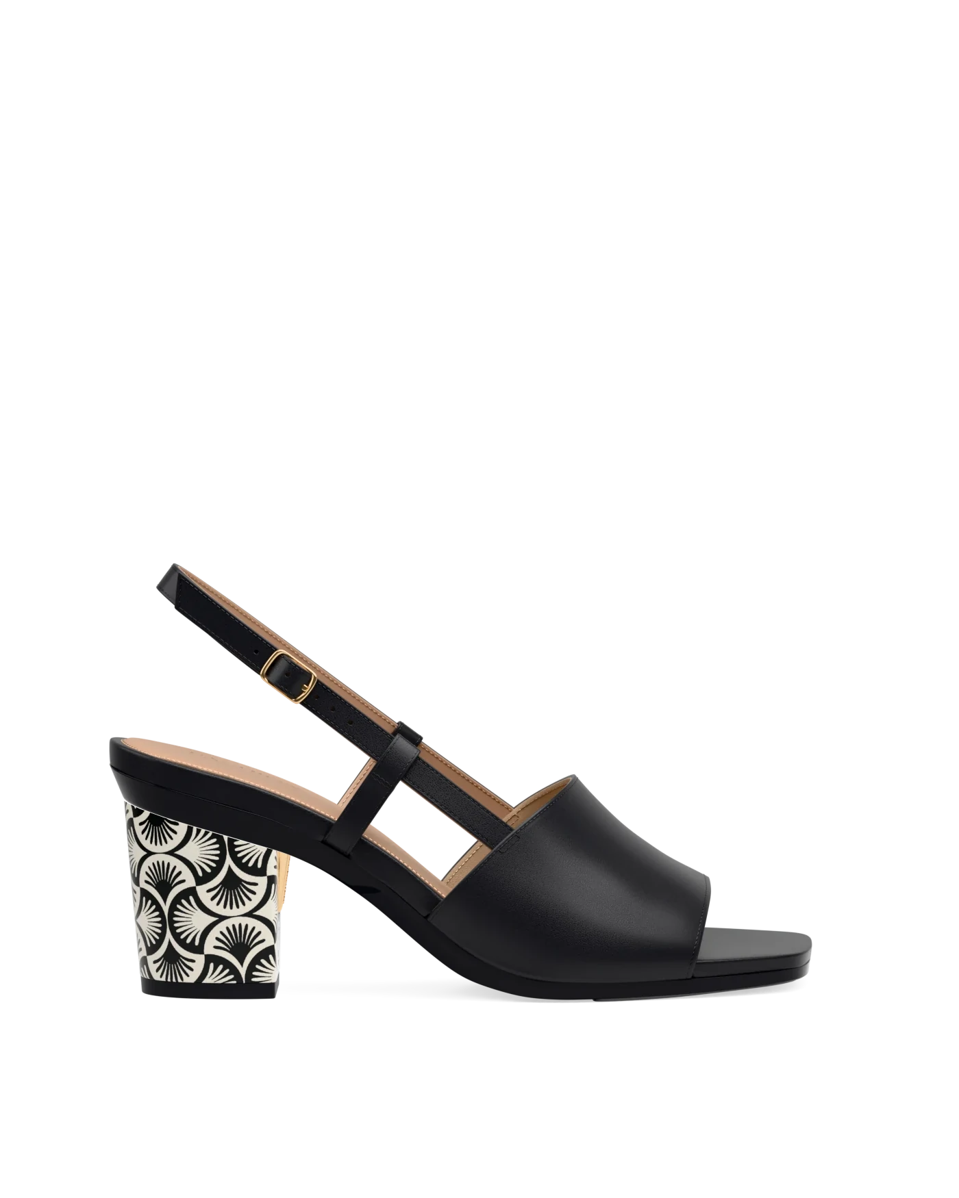 Block Heel Kit 3 Coal Deco Print shown on the Shae Coal Leather upper. Pashion convertible heels go from heel to flat and are customizable with interchangeable heel kits.