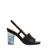 Block Heel Kit 4 Monet Print shown on the Shae Coal Leather upper. Pashion convertible heels go from heel to flat and are customizable with interchangeable heel kits.