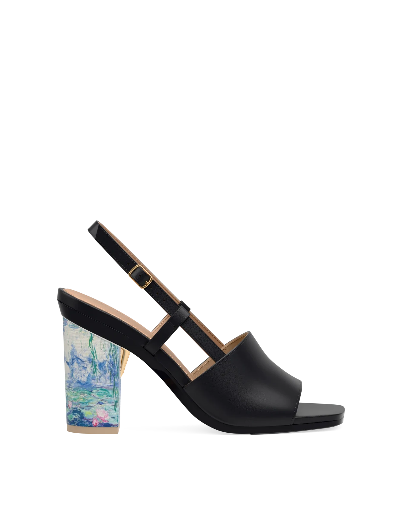 Block Heel Kit 4 Monet Print shown on the Shae Coal Leather upper. Pashion convertible heels go from heel to flat and are customizable with interchangeable heel kits.