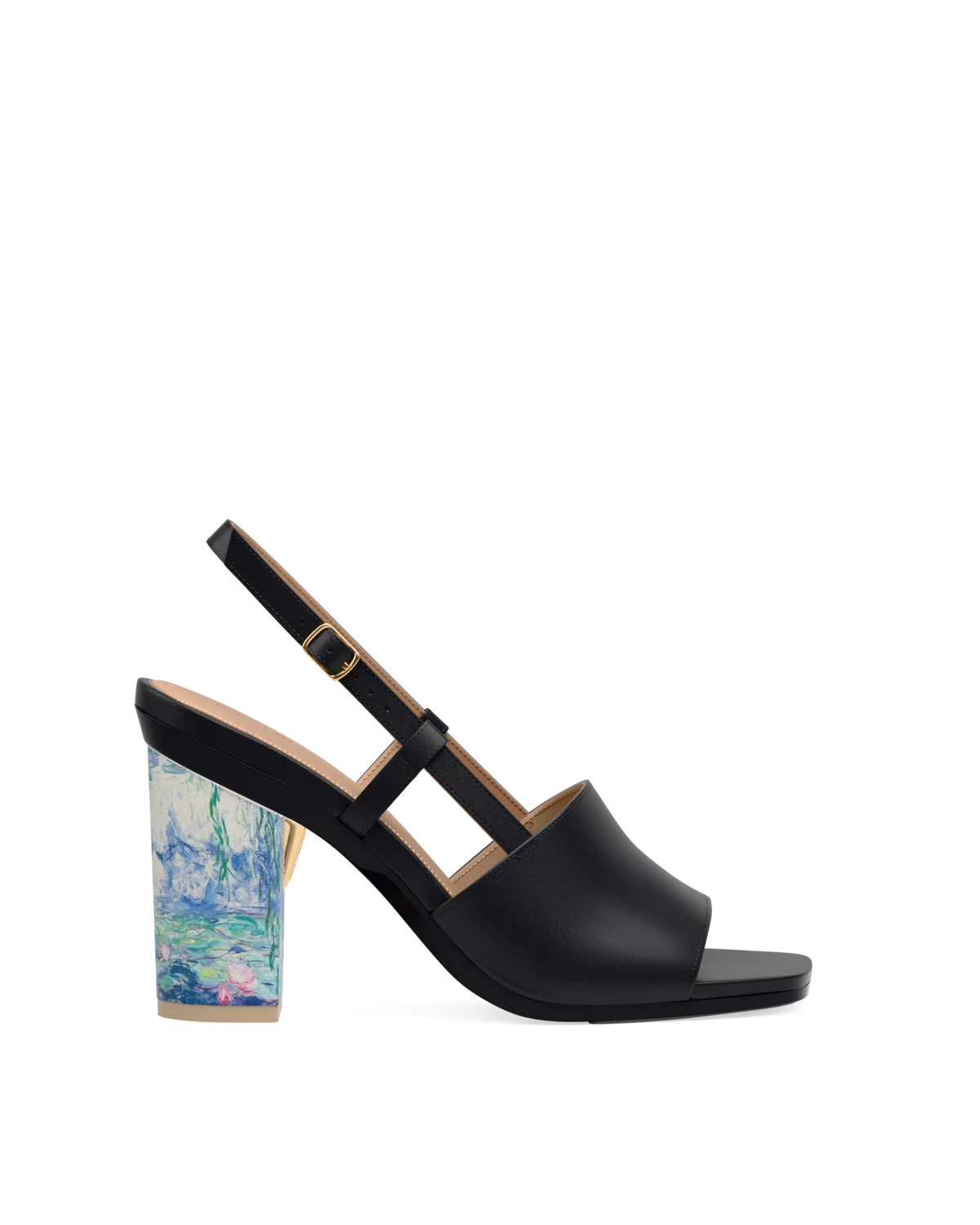Block Heel Kit 4 Monet Print shown on the Shae Coal Leather upper. Pashion convertible heels go from heel to flat and are customizable with interchangeable heel kits.