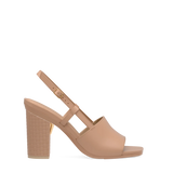 Block Heel Kit 4 Latte Woven Leather shown on the Shae Latte Leather upper. Pashion convertible heels go from heel to flat and are customizable with interchangeable heel kits.