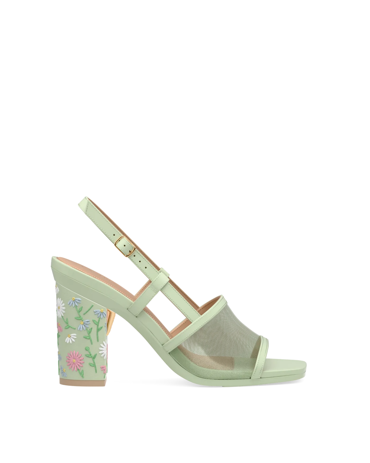 Block Heel Kit 4 Mint Daisy Embroidery shown on the Shae Mint Leather Mesh upper. Pashion convertible heels go from heel to flat and are customizable with interchangeable heel kits.