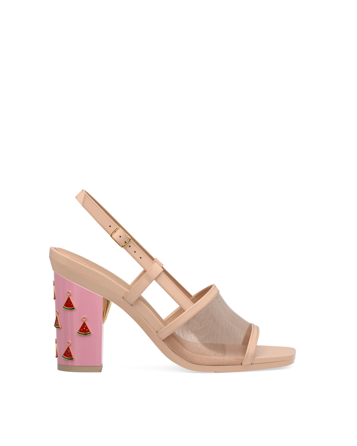 Block Heel Kit 4 Pink Watermelon Charm shown on the Shae Sand Leather Mesh upper. Pashion convertible heels go from heel to flat and are customizable with interchangeable heel kits.