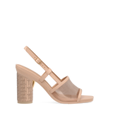 Cylinder Block Heel Kit 4 Sand Pashion Monogram Embroidery shown on the Shae Sand Leather Mesh upper. Pashion convertible heels go from heel to flat and are customizable with interchangeable heel kits.