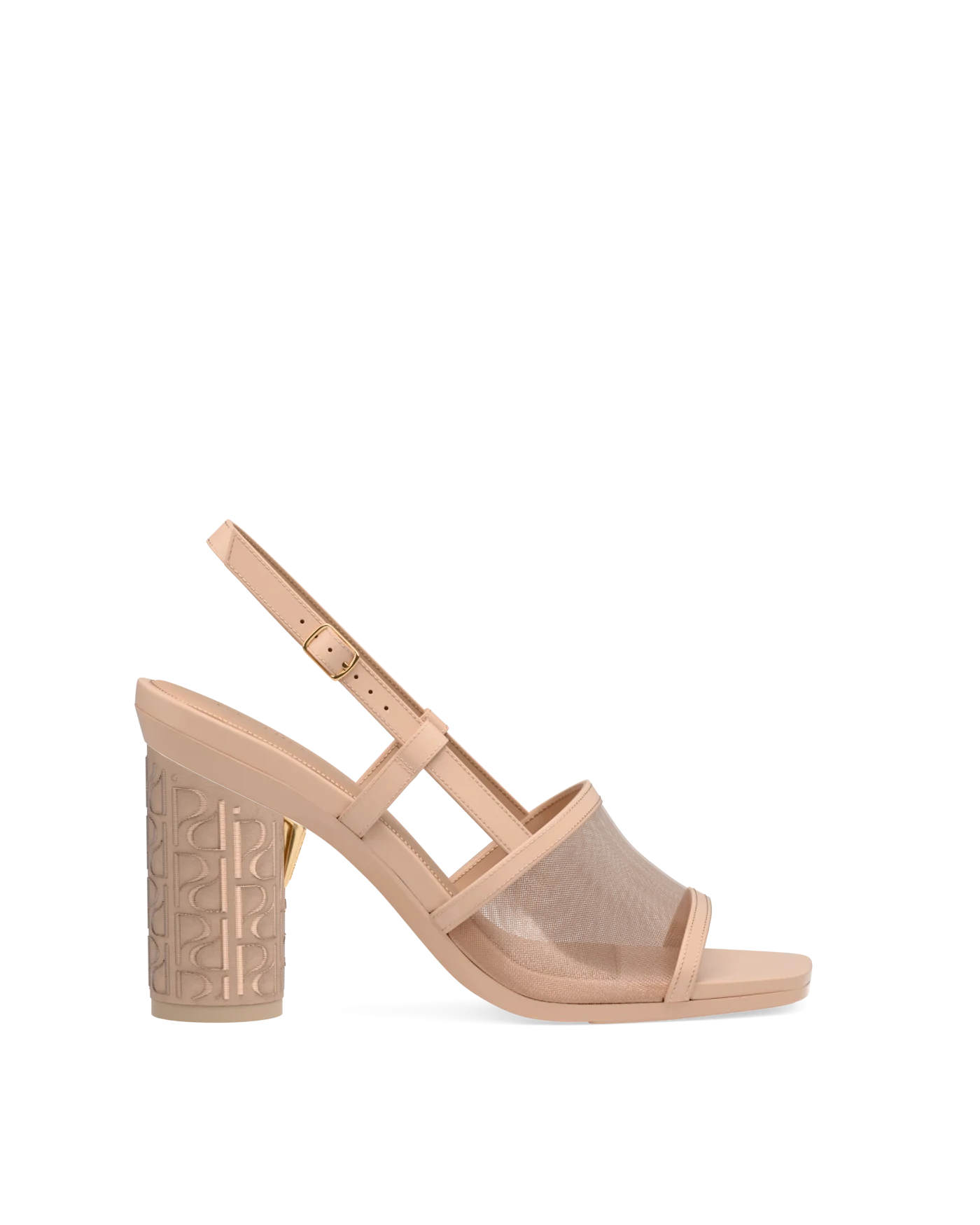 Cylinder Block Heel Kit 4 Sand Pashion Monogram Embroidery shown on the Shae Sand Leather Mesh upper. Pashion convertible heels go from heel to flat and are customizable with interchangeable heel kits.