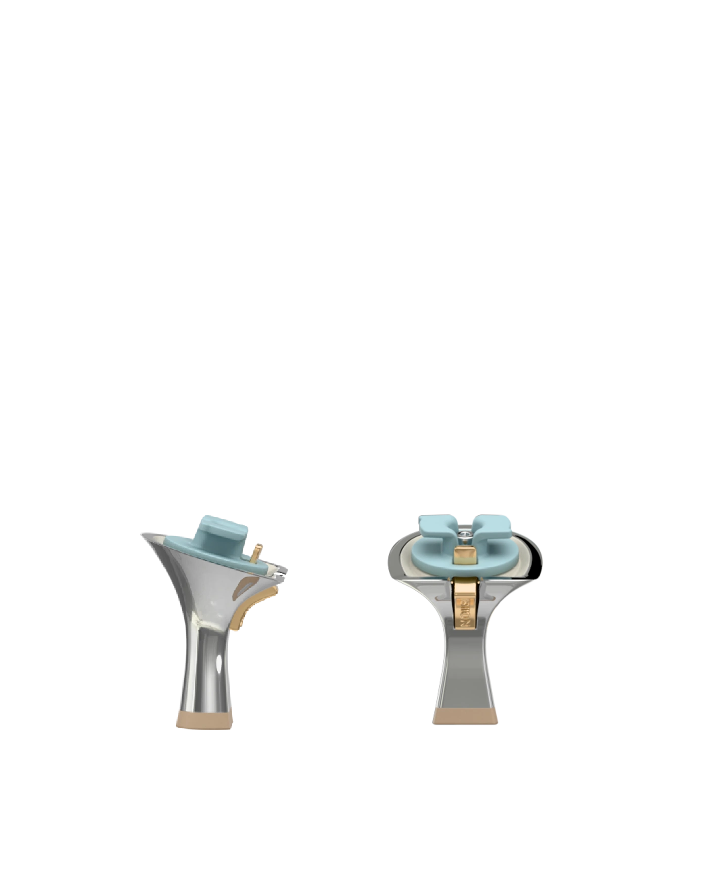 Flare Stiletto Heel Kit 3 Silver Metallic, 3-inch interchangeable flare stiletto heel, side view. Pashion convertible heels go from heel to flat and are customizable with interchangeable heel kits.
