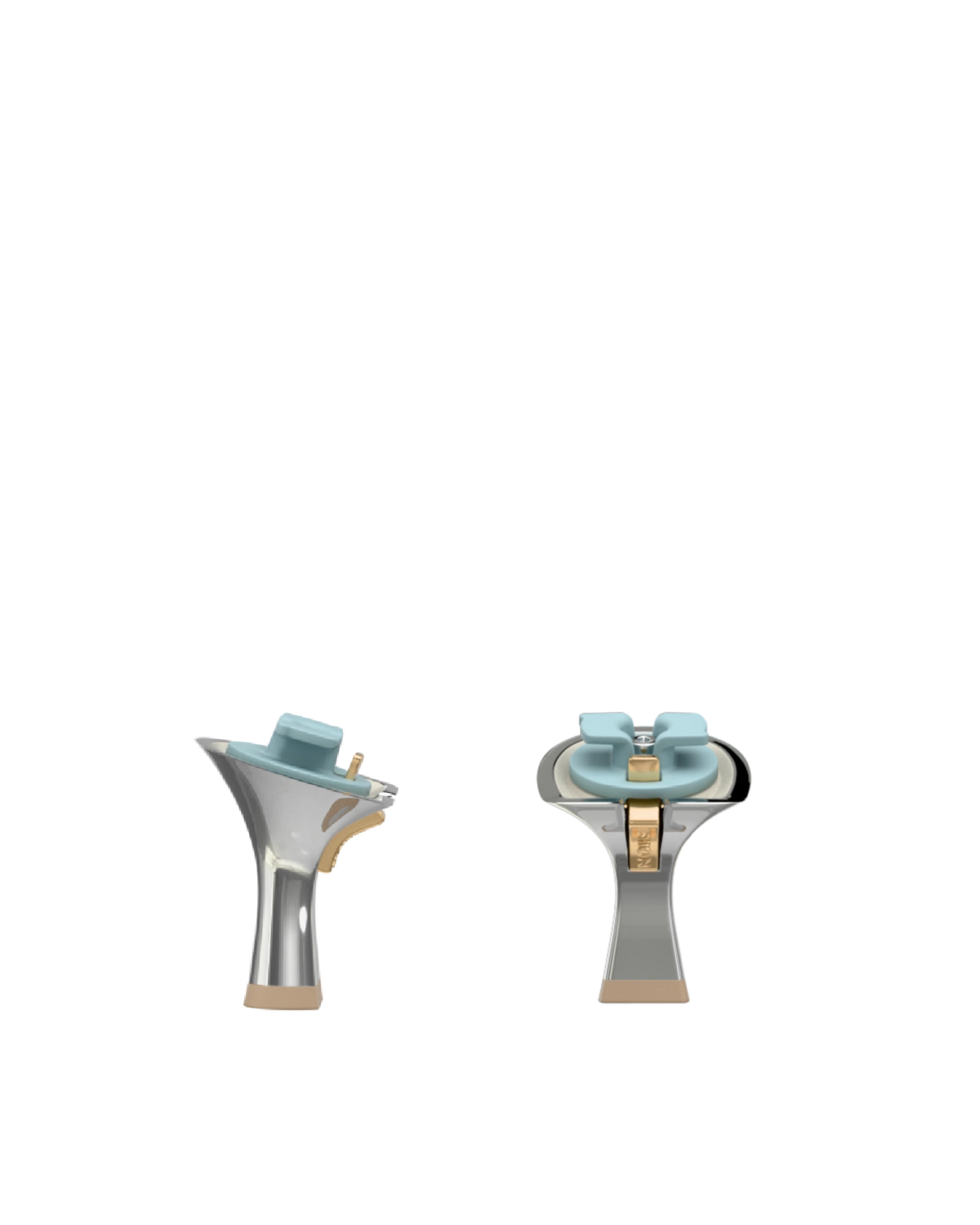 Flare Stiletto Heel Kit 3 Silver Metallic, 3-inch interchangeable flare stiletto heel, side view. Pashion convertible heels go from heel to flat and are customizable with interchangeable heel kits.