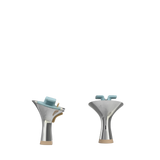 Flare Stiletto Heel Kit 3 Silver Metallic, back view. Pashion convertible heels go from heel to flat and are customizable with interchangeable heel kits.