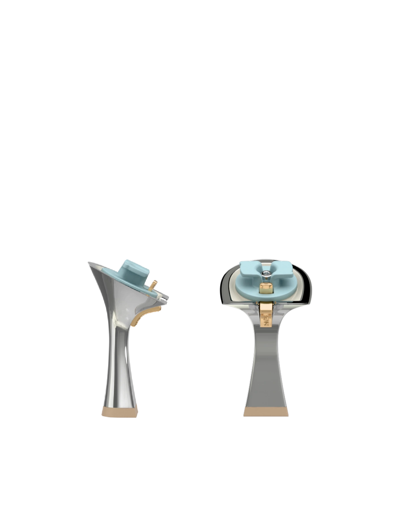 Flare Stiletto Heel Kit 4 Silver Metallic, 4-inch interchangeable flare stiletto heel, side view. Pashion convertible heels go from heel to flat and are customizable with interchangeable heel kits.