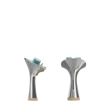 Flare Stiletto Heel Kit 4 Silver Metallic, back view. Pashion convertible heels go from heel to flat and are customizable with interchangeable heel kits.